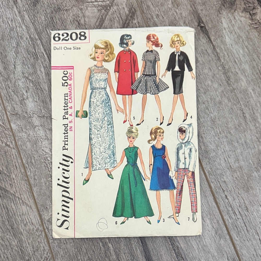 Vintage 1965 Simplicity Doll Clothes Pattern 6208 - Blue, Red, Black Designs